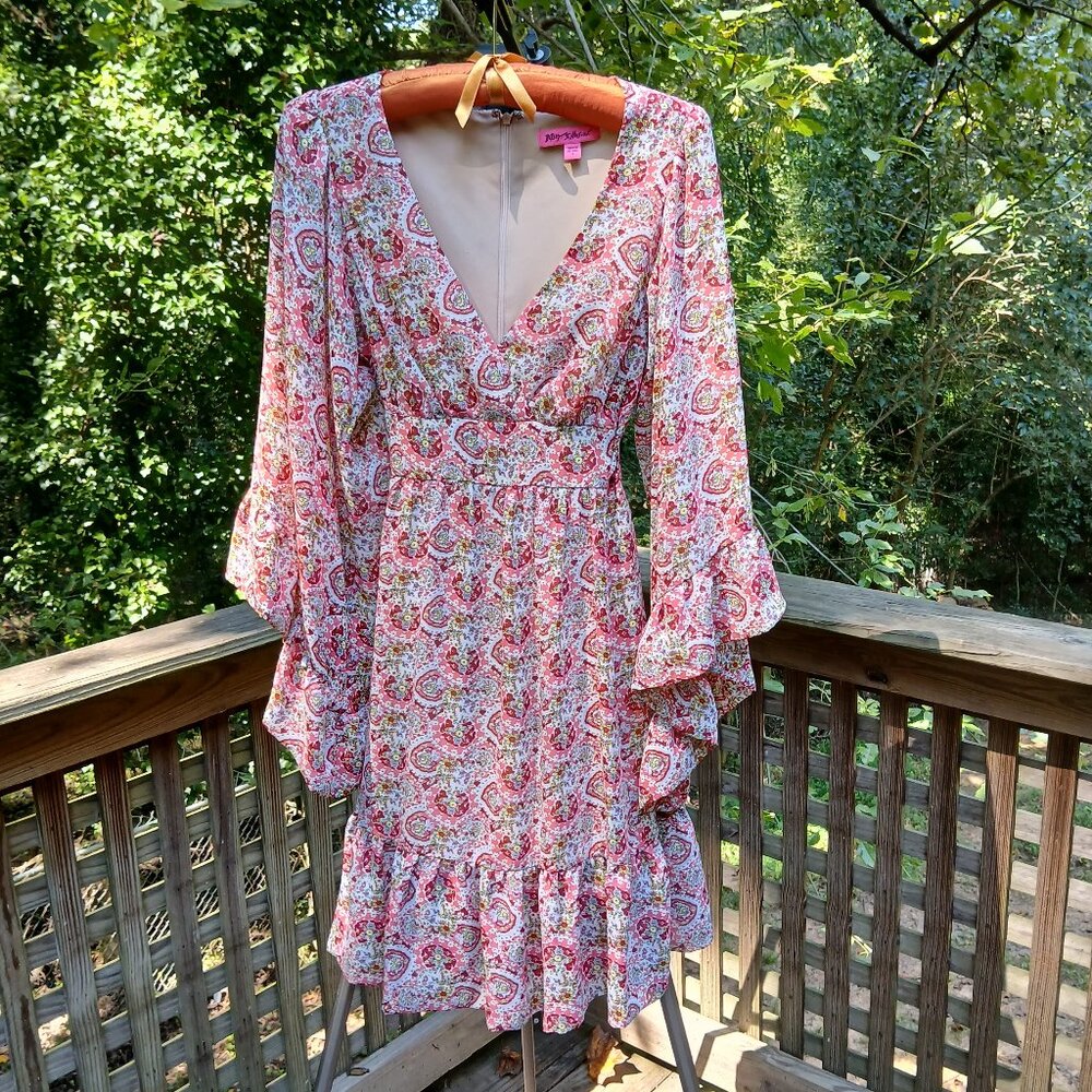 Coral Tones Paisley Floral Romantic Ruffle Cascading BellSleeve Midi Dress Sz8